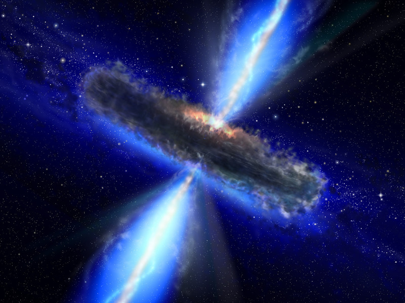 This artist's impression shows the dust torus around a super-massive black hole. Black holes lurk at the centres of active galaxies in environments not unlike those found in violent tornadoes on Earth. Just as in a tornado, where debris is often found spinning about the vortex, so in a black hole, a dust torus surrounds its waist. In some cases astronomers can look along the axis of the dust torus from above or from below and have a clear view of the black hole. Technically these objects are then called "type 1 sources". "Type 2 sources" lie with the dust torus edge-on as viewed from Earth so our view of the black hole is totally blocked by the dust over a range of wavelengths from the near-infrared to soft X-rays. While many dust-obscured low-power black holes (called "Seyfert 2s") were known, until recently few of their high-power counterparts were known. The identification of a population of high-power obscured black holes and the active galaxies surrounding them has been a key goal for astronomers and will lead to greater understanding and a refinement of the cosmological models describing our Universe. The European AVO science team led by Paolo Padovani from Space Telescope-European Coordinating Facility and the European Southern Observatory in Munich, Germany, has discovered a whole population of the obscured, powerful supermassive black holes. Thirty of these objects were found in the so-called GOODS (Great Observatories Origins Deep Survey) fields. The GOODS survey consists of two areas that include some of the deepest observations from space- and ground-based telescopes, including the NASA/ESA Hubble Space Telescope, and have become the best studied patches in the sky. In the illustration the jets coming out of the regions nearest the black hole are also seen. The jets emerge from an area close to the black hole where a disk of accreted material rotates (not seen here).