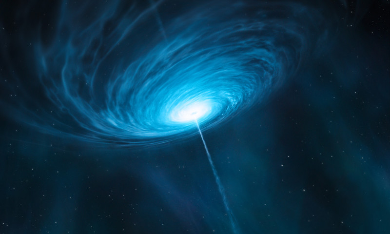 This is an artists impression of the quasar 3C 279. Astronomers connected the Atacama Pathfinder Experiment (APEX), in Chile, to the Submillimeter Array (SMA) in Hawaii, USA, and the Submillimeter Telescope (SMT) in Arizona, USA for the first time, to make the sharpest observations ever, of the centre of a distant galaxy, the bright quasar 3C 279. Quasars are the very bright centres of distant galaxies that are powered by supermassive black holes. This quasar contains a black hole with a mass about one billion times that of the Sun, and is so far from Earth that its light has taken more than 5 billion years to reach us. The team were able to probe scales of less than a light-year across the quasar  a remarkable achievement for a target that is billions of light-years away.