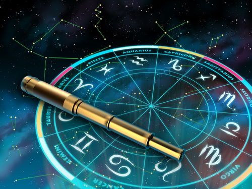 Wheel of the zodiac and telescope over a sky background. Digital illustration.